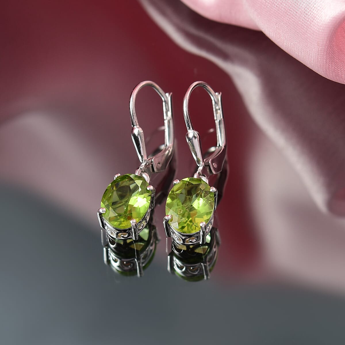 D'Joy Peridot 3.90 ctw Lever Back Earrings in Rhodium Over Sterling Silver image number 1