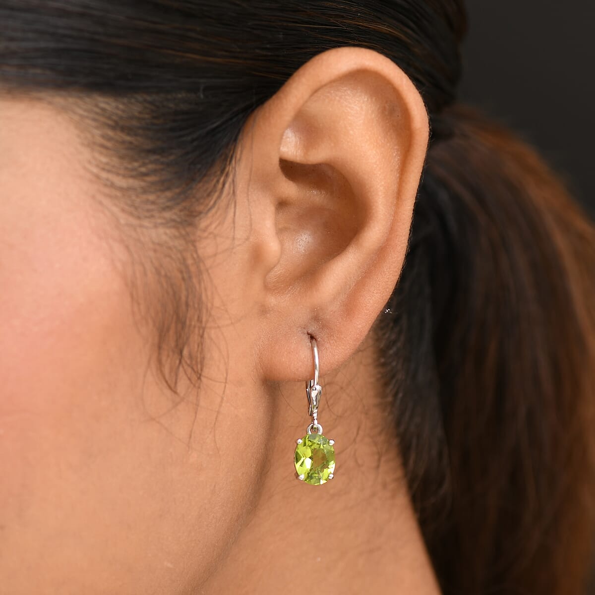 D'Joy Peridot 3.90 ctw Lever Back Earrings in Rhodium Over Sterling Silver image number 2