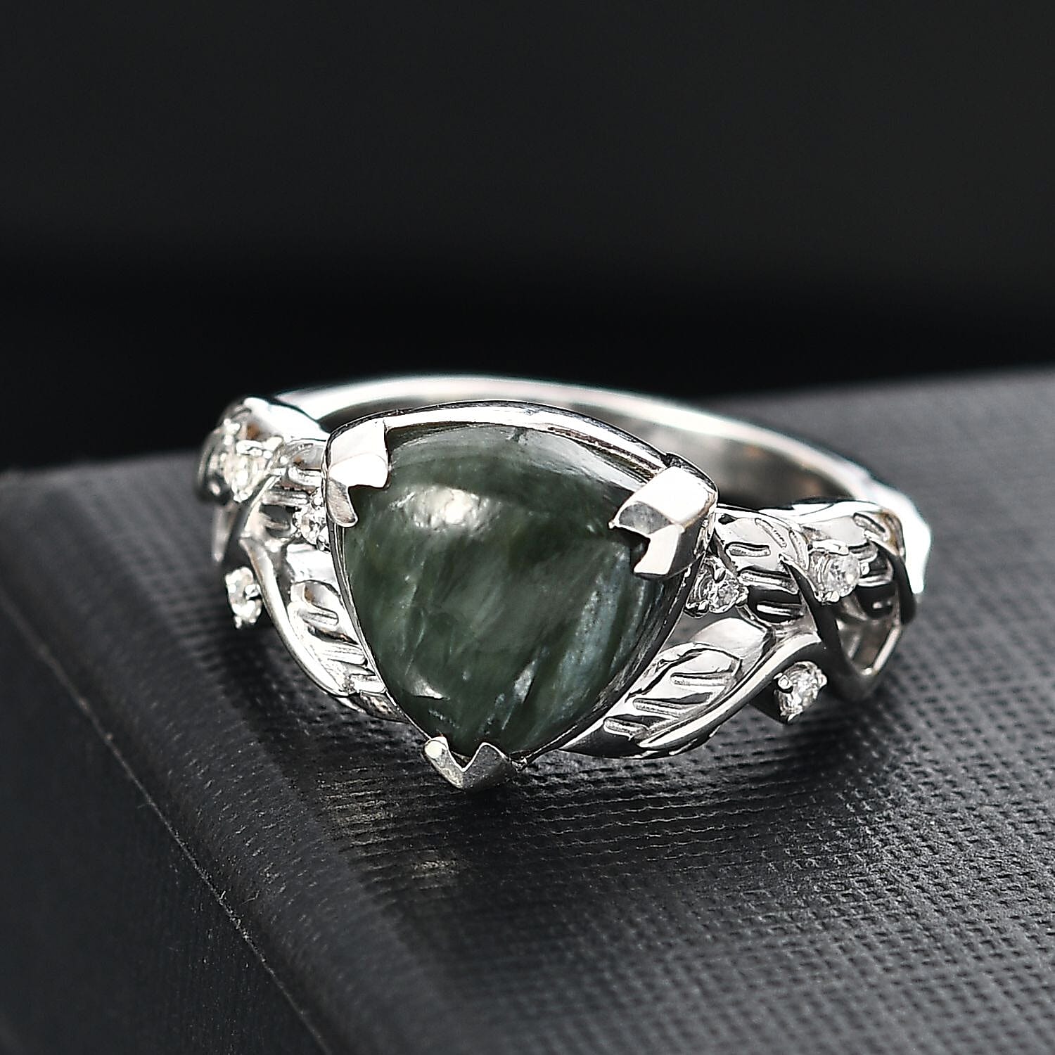 Siberian Seraphinite and White Zircon 3.90 ctw Ring in Rhodium Over Sterling Silver (Size 8.0)