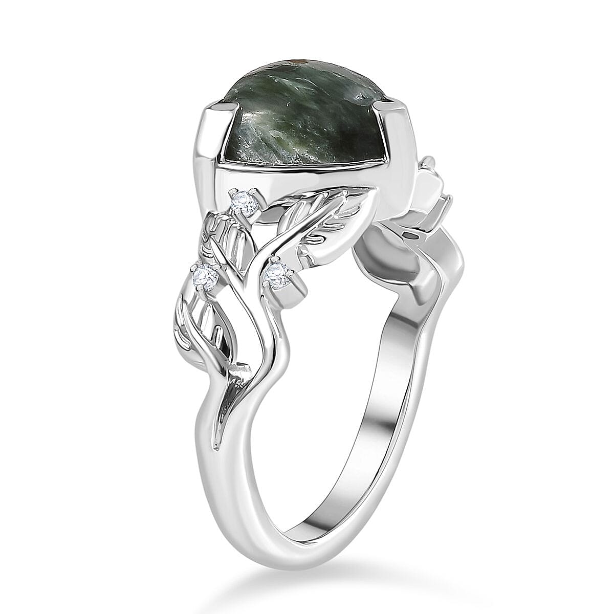 Siberian Seraphinite and White Zircon 3.90 ctw Ring in Rhodium Over Sterling Silver (Size 8.0)