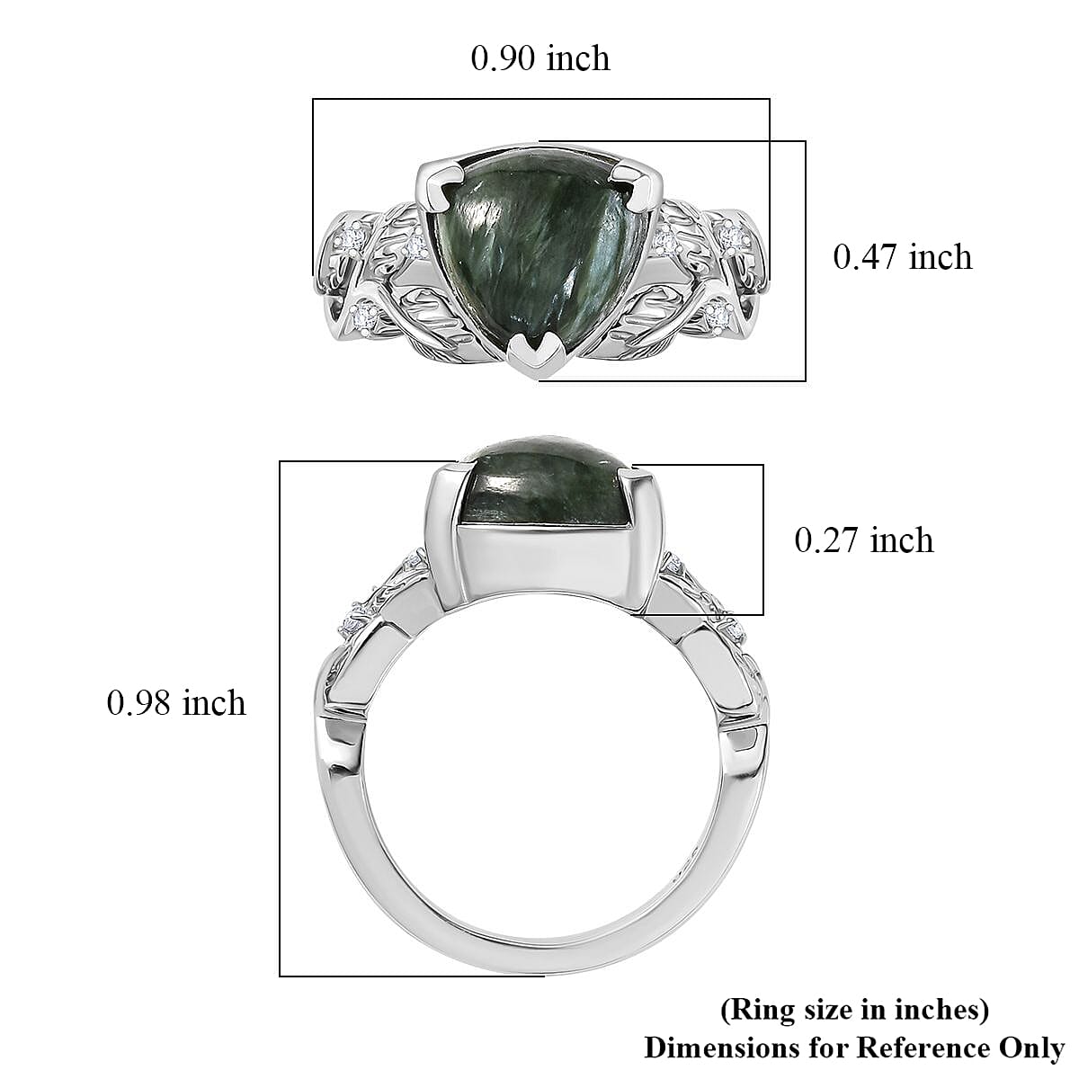 Siberian Seraphinite and White Zircon 3.90 ctw Ring in Rhodium Over Sterling Silver (Size 8.0)