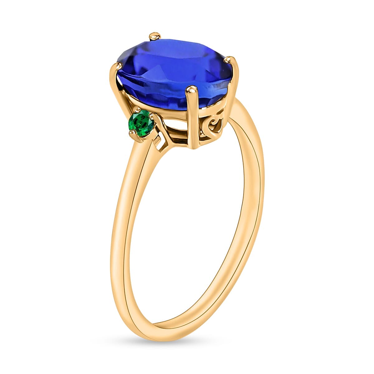 Rhapsody 18K Yellow Gold AAAA Tanzanite and Boyaca Colombian Emerald Ring (Size 7.5) 5.50 Grams 2.10 ctw image number 2