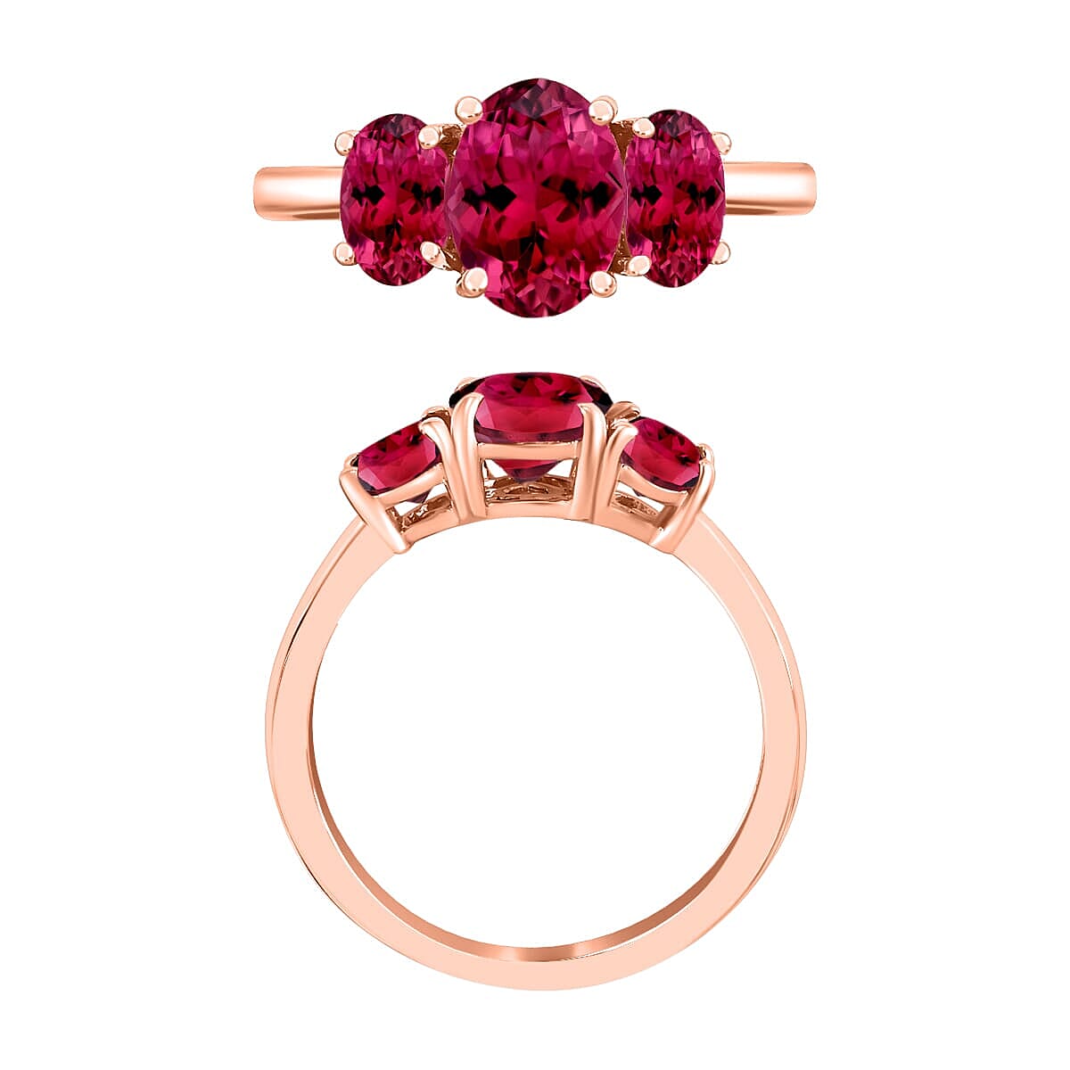 Rhapsody 18K Rose Gold AAAA Ouro Fino Rubellite 3 Stone Ring (Size 6.0) 5.50 Grams 2.60 ctw image number 3