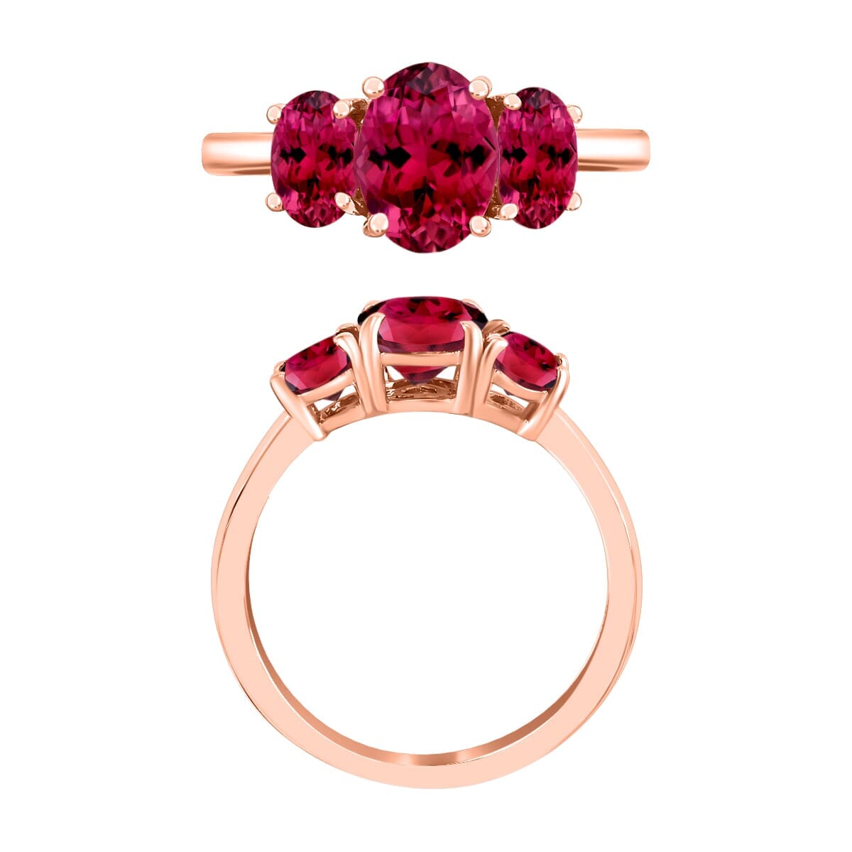 Rhapsody 18K Rose Gold AAAA Ouro Fino Rubellite 3 Stone Ring (Size 9.5) 5.50 Grams 2.60 ctw image number 3
