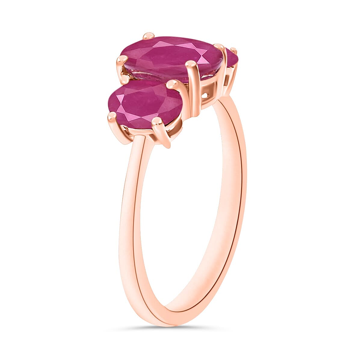 Rhapsody 18K Rose Gold AAAA Mozambique Ruby 3 Stone Ring (Size 5.5) 5.50 Grams 2.75 ctw image number 2