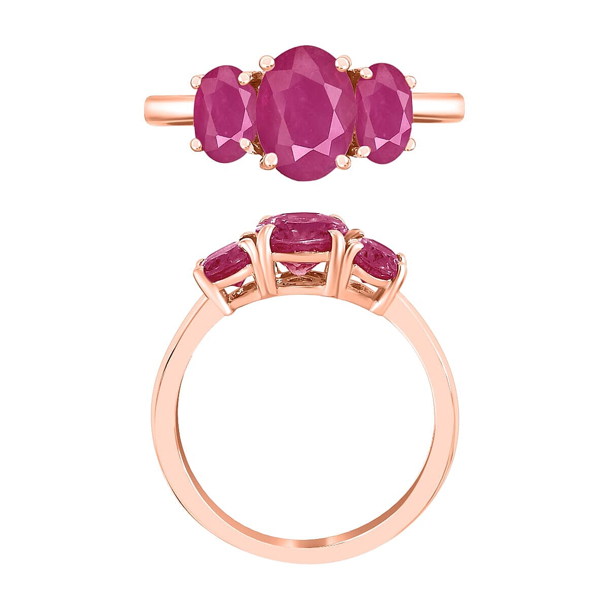 Rhapsody 18K Rose Gold AAAA Mozambique Ruby 3 Stone Ring (Size 5.5) 5.50 Grams 2.75 ctw image number 3