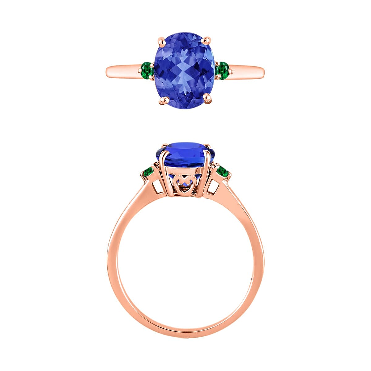 Rhapsody 18K Rose Gold AAAA Tanzanite and Boyaca Colombian Emerald Ring (Size 10.5) 5.50 Grams 2.10 ctw image number 3