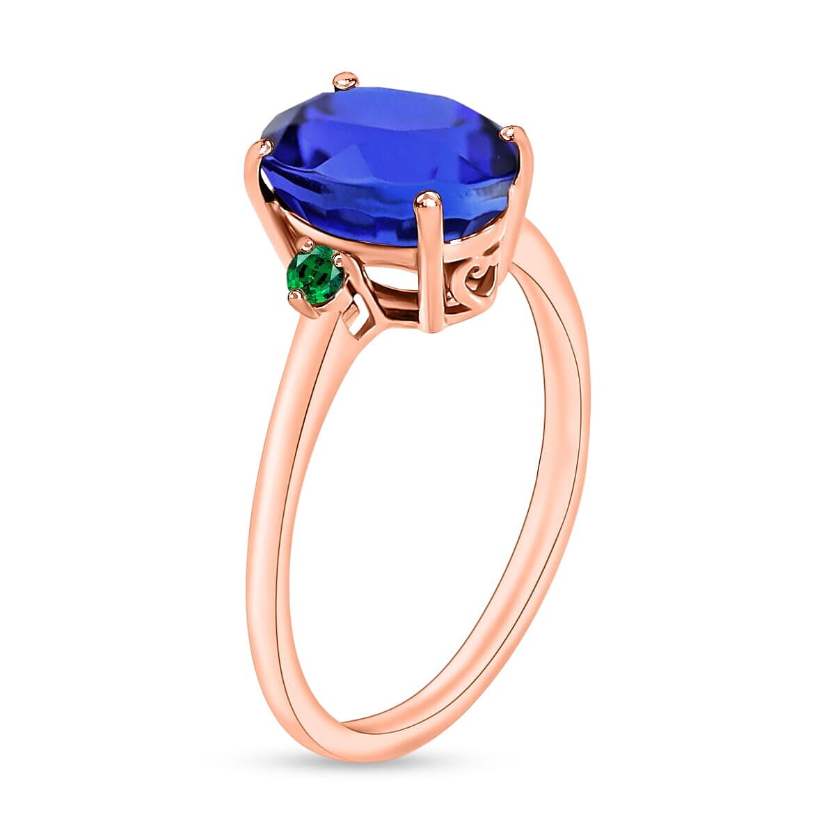 Rhapsody 18K Rose Gold AAAA Tanzanite and Boyaca Colombian Emerald Ring (Size 8.5) 5.50 Grams 2.10 ctw image number 2