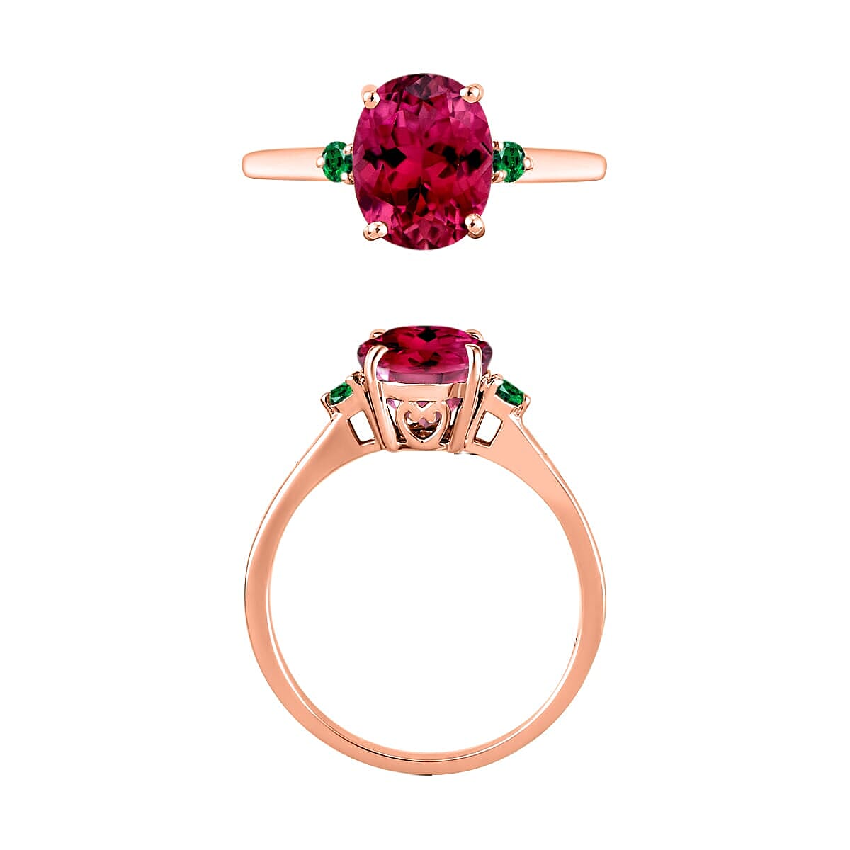 Rhapsody 18K Rose Gold AAAA Ouro Fino Rubellite and Boyaca Colombian Emerald Ring (Size 4.5) 5.50 Grams 2.50 ctw image number 3