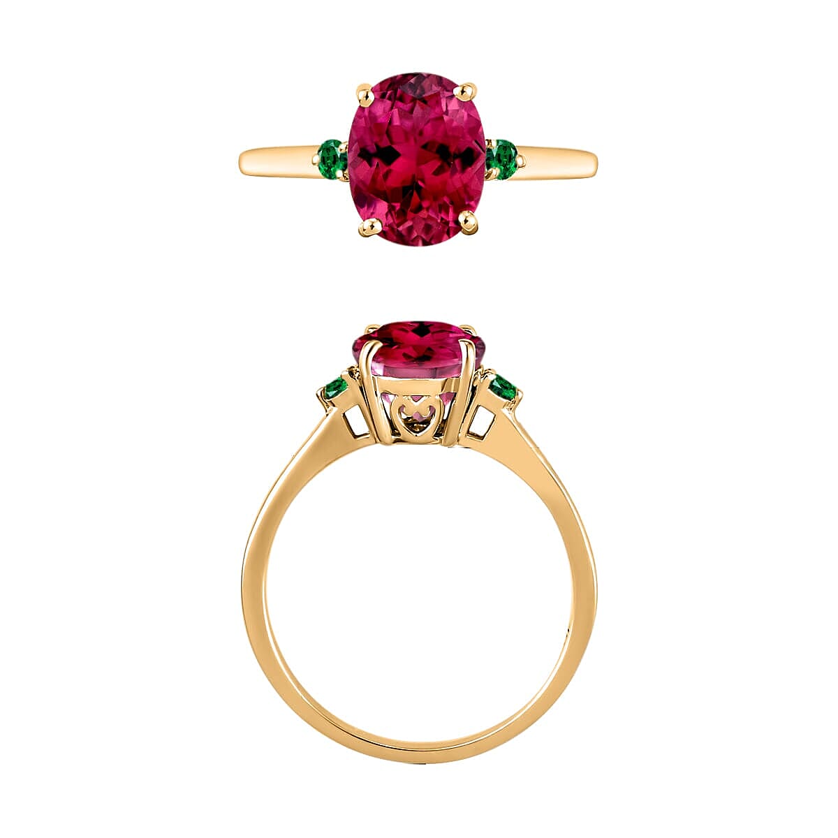 Rhapsody 18K Yellow Gold AAAA Ouro Fino Rubellite and Boyaca Colombian Emerald Ring (Size 9.0) 5.50 Grams 2.50 ctw image number 3