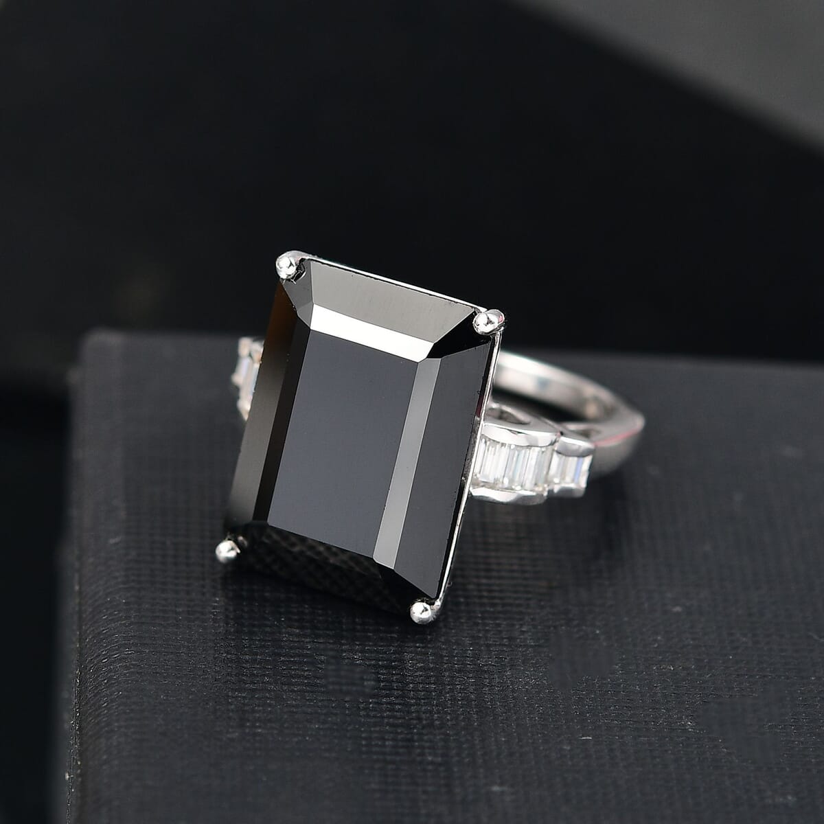 D'Joy Thai Black Spinel and Moissanite 16.75 ctw Art Deco Ring in Rhodium Over Sterling Silver (Size 10.0) image number 1