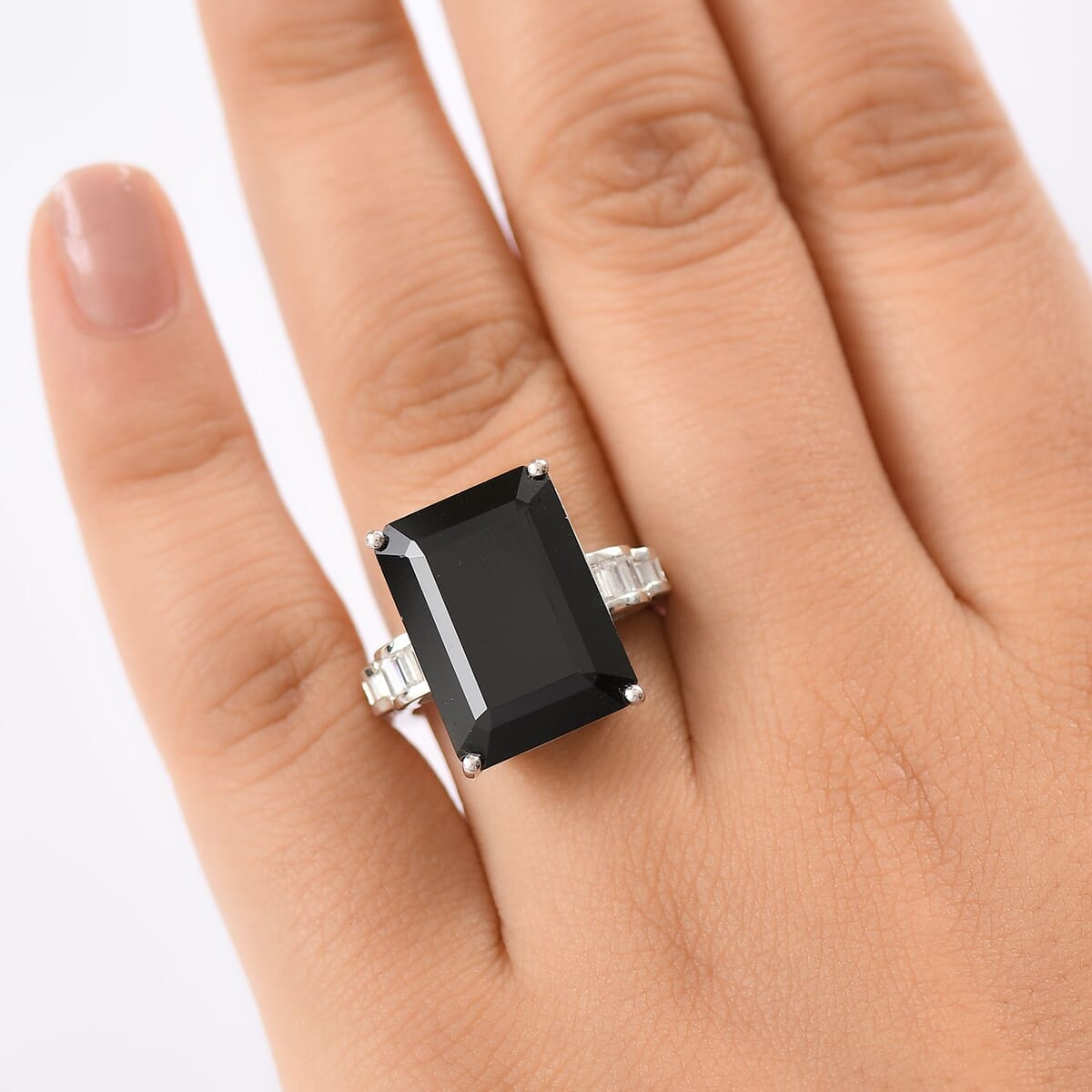 D'Joy Thai Black Spinel and Moissanite 16.75 ctw Art Deco Ring in Rhodium Over Sterling Silver (Size 10.0) image number 2