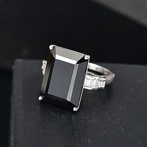 D'Joy Thai Black Spinel and Moissanite 16.75 ctw Art Deco Ring in Rhodium Over Sterling Silver (Size 6.0)