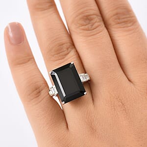 D'Joy Thai Black Spinel and Moissanite 16.75 ctw Art Deco Ring in Rhodium Over Sterling Silver (Size 6.0)