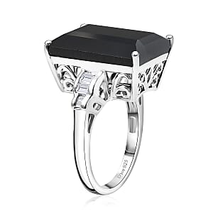 D'Joy Thai Black Spinel and Moissanite 16.75 ctw Art Deco Ring in Rhodium Over Sterling Silver (Size 6.0)