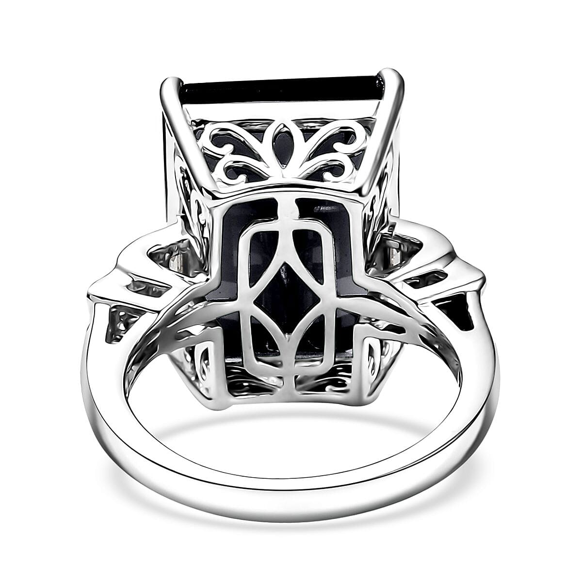 D'Joy Thai Black Spinel and Moissanite 16.75 ctw Art Deco Ring in Rhodium Over Sterling Silver (Size 7.0) image number 4