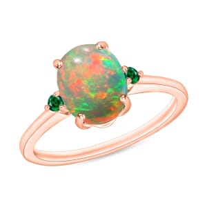 Rhapsody 18K Rose Gold AAAA Ethiopian Welo Opal and Boyaca Colombian Emerald Ring (Size 4.0) 5.50 Grams 1.30 ctw