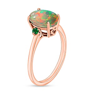 Rhapsody 18K Rose Gold AAAA Ethiopian Welo Opal and Boyaca Colombian Emerald Ring (Size 4.0) 5.50 Grams 1.30 ctw (Del. in 10-12 Days)