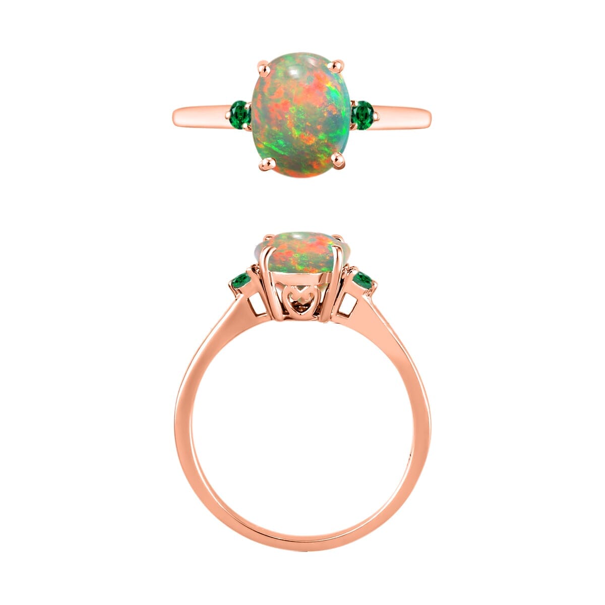 Rhapsody 18K Rose Gold AAAA Ethiopian Welo Opal and Boyaca Colombian Emerald Ring (Size 6.0) 5.50 Grams 1.30 ctw image number 3