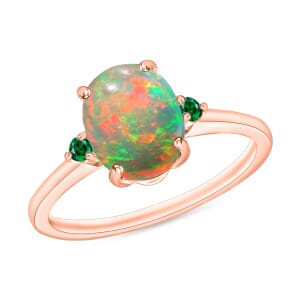Rhapsody 18K Rose Gold AAAA Ethiopian Welo Opal and Boyaca Colombian Emerald Ring (Size 7.5) 5.50 Grams 1.30 ctw