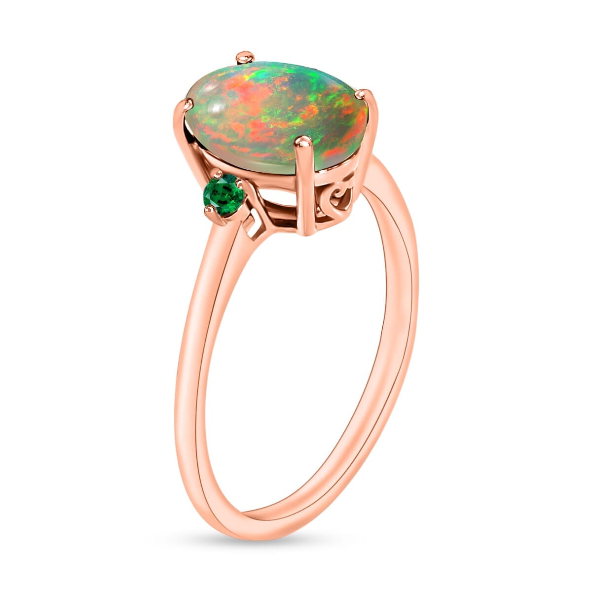 Rhapsody 18K Rose Gold AAAA Ethiopian Welo Opal and Boyaca Colombian Emerald Ring (Size 7.5) 5.50 Grams 1.30 ctw image number 2