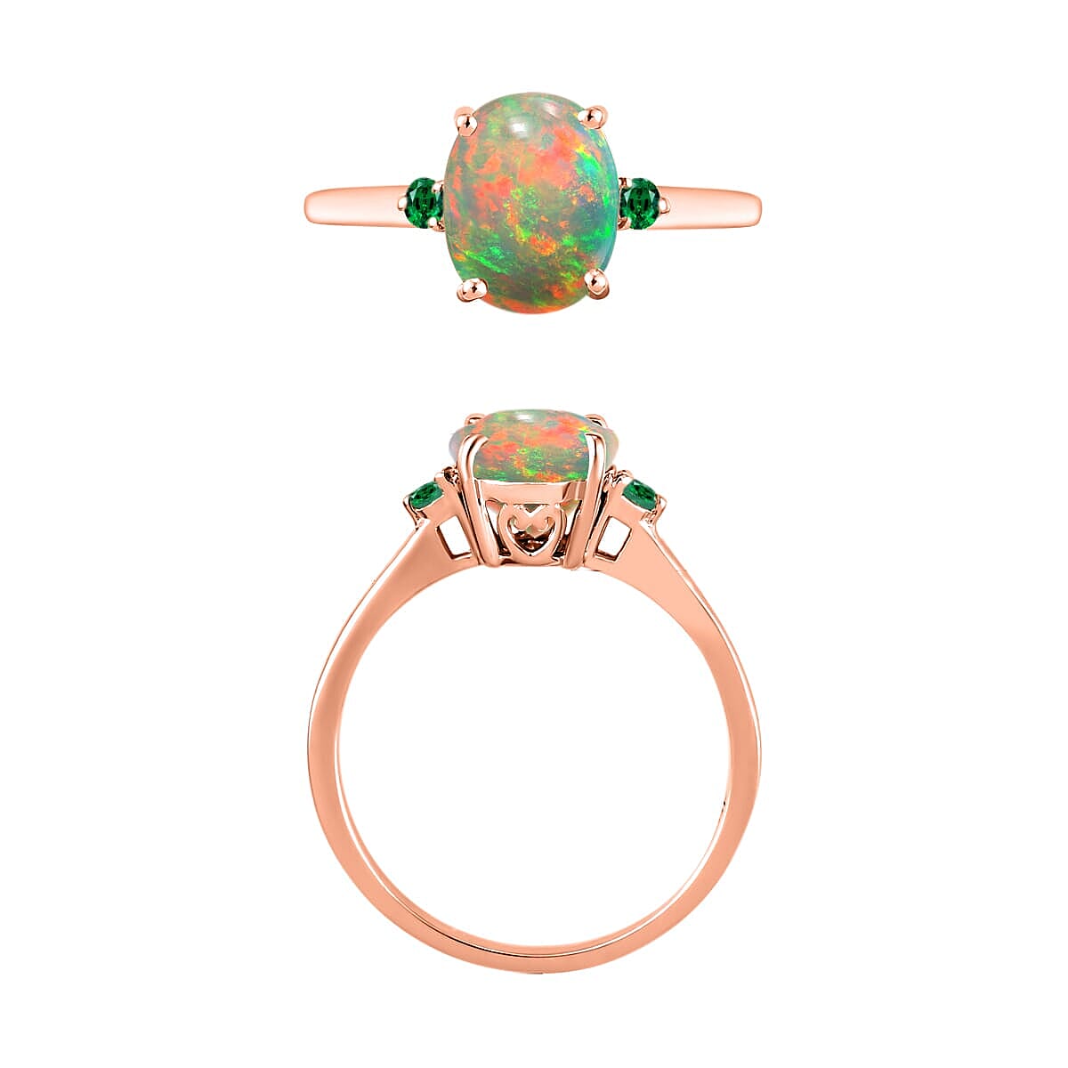 Rhapsody 18K Rose Gold AAAA Ethiopian Welo Opal and Boyaca Colombian Emerald Ring (Size 8.5) 5.50 Grams 1.30 ctw image number 3