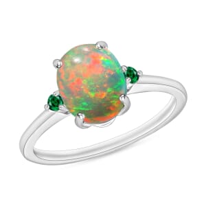 Rhapsody 18K White Gold AAAA Ethiopian Welo Opal and Boyaca Colombian Emerald Ring (Size 11.0) 5.50 Grams 1.30 ctw