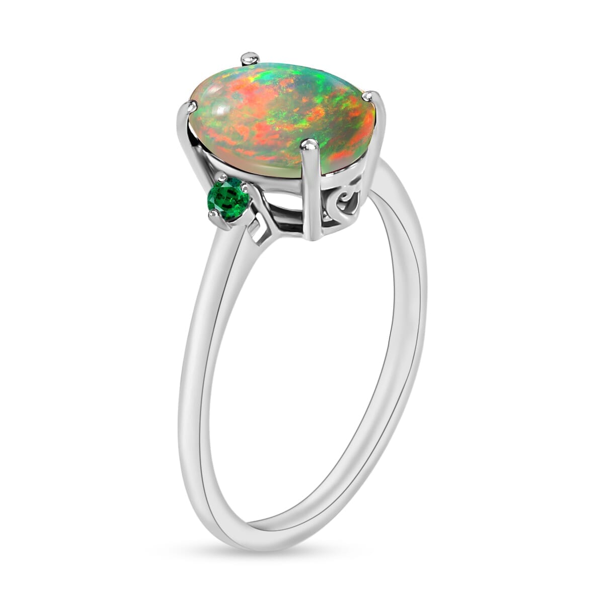 Rhapsody 18K White Gold AAAA Ethiopian Welo Opal and Boyaca Colombian Emerald Ring (Size 9.5) 5.50 Grams 1.30 ctw image number 2