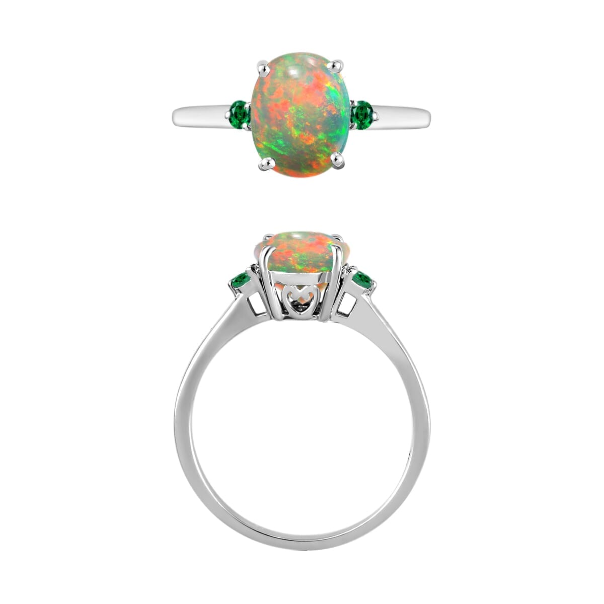 Rhapsody 18K White Gold AAAA Ethiopian Welo Opal and Boyaca Colombian Emerald Ring (Size 9.5) 5.50 Grams 1.30 ctw image number 3
