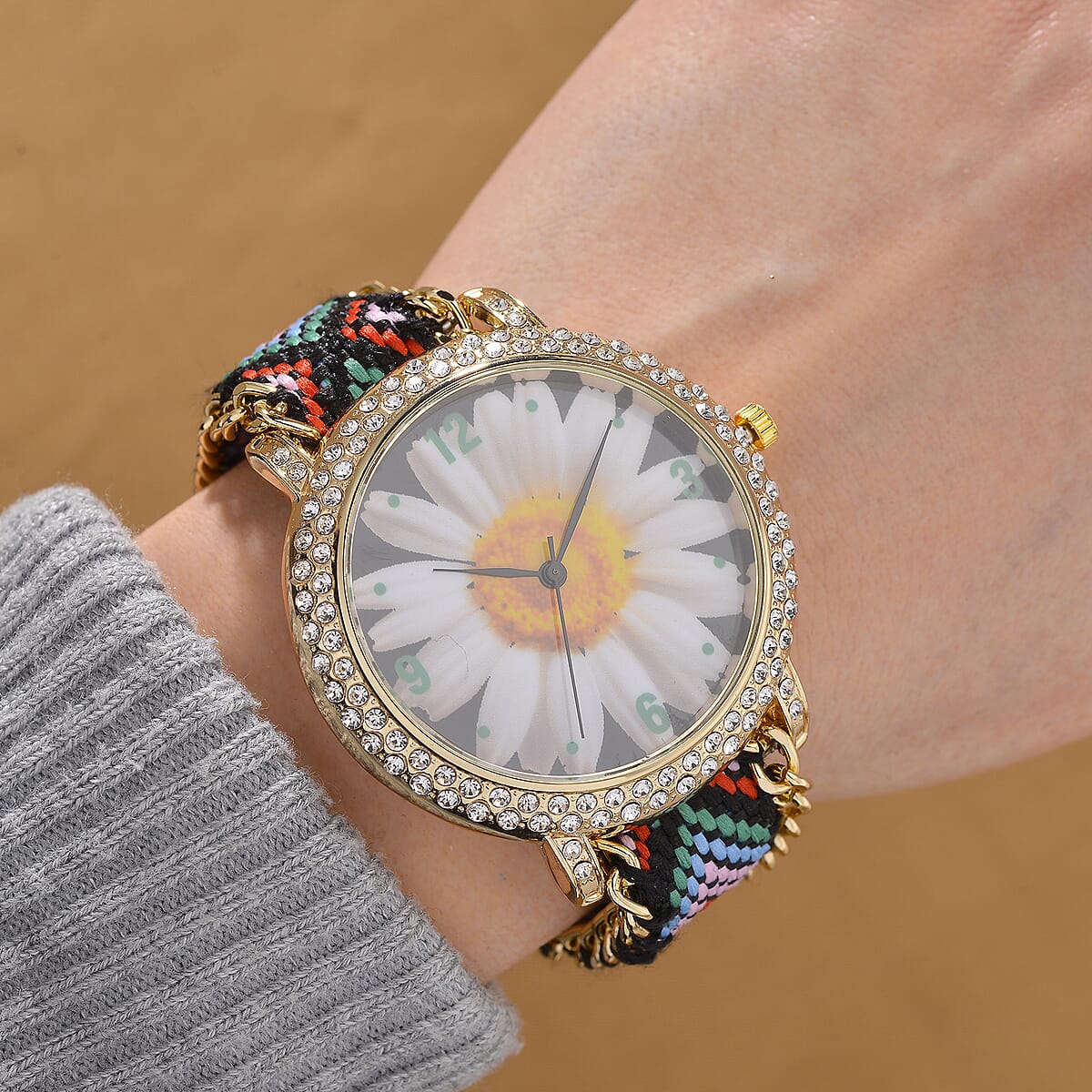 Strada Austrian Crystal Japanese Movement Flower Pattern Watch with Braided Band image number 1