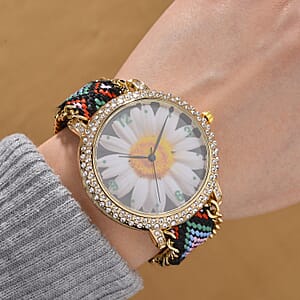 Strada Austrian Crystal Japanese Movement Flower Pattern Watch with Braided Band