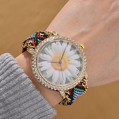 Strada Austrian Crystal Japanese Movement Daisy Bloom Pattern Watch with Braided Band