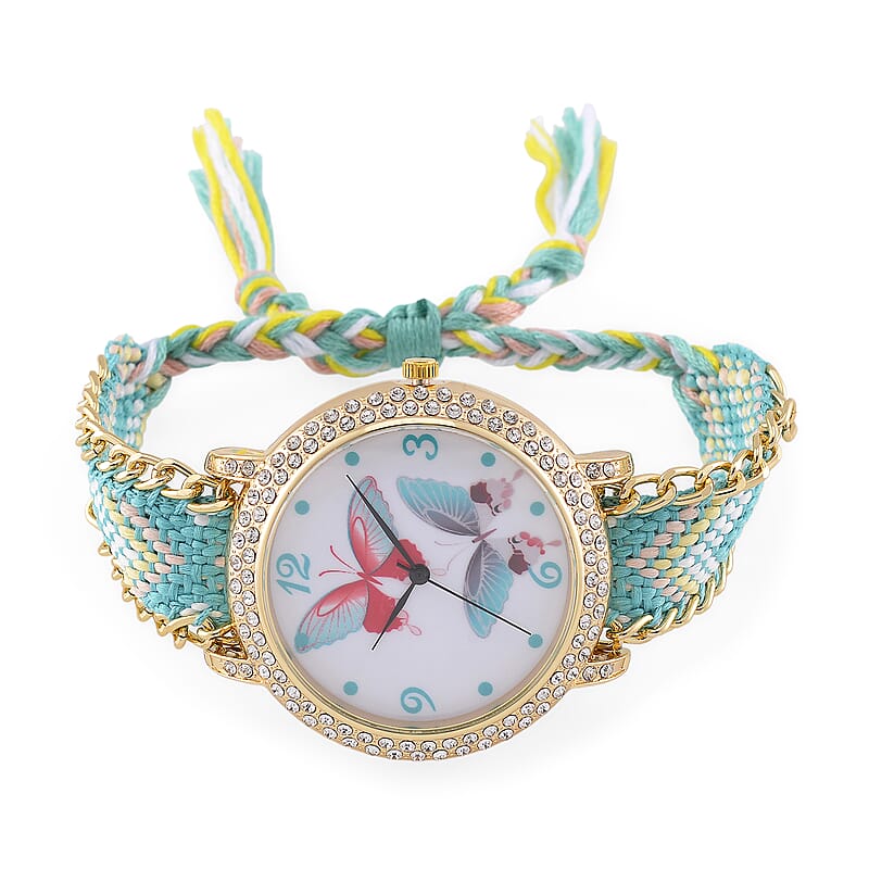 Strada Austrian Crystal Japanese Movement Double Butterfly Pattern Watch with Braided Band