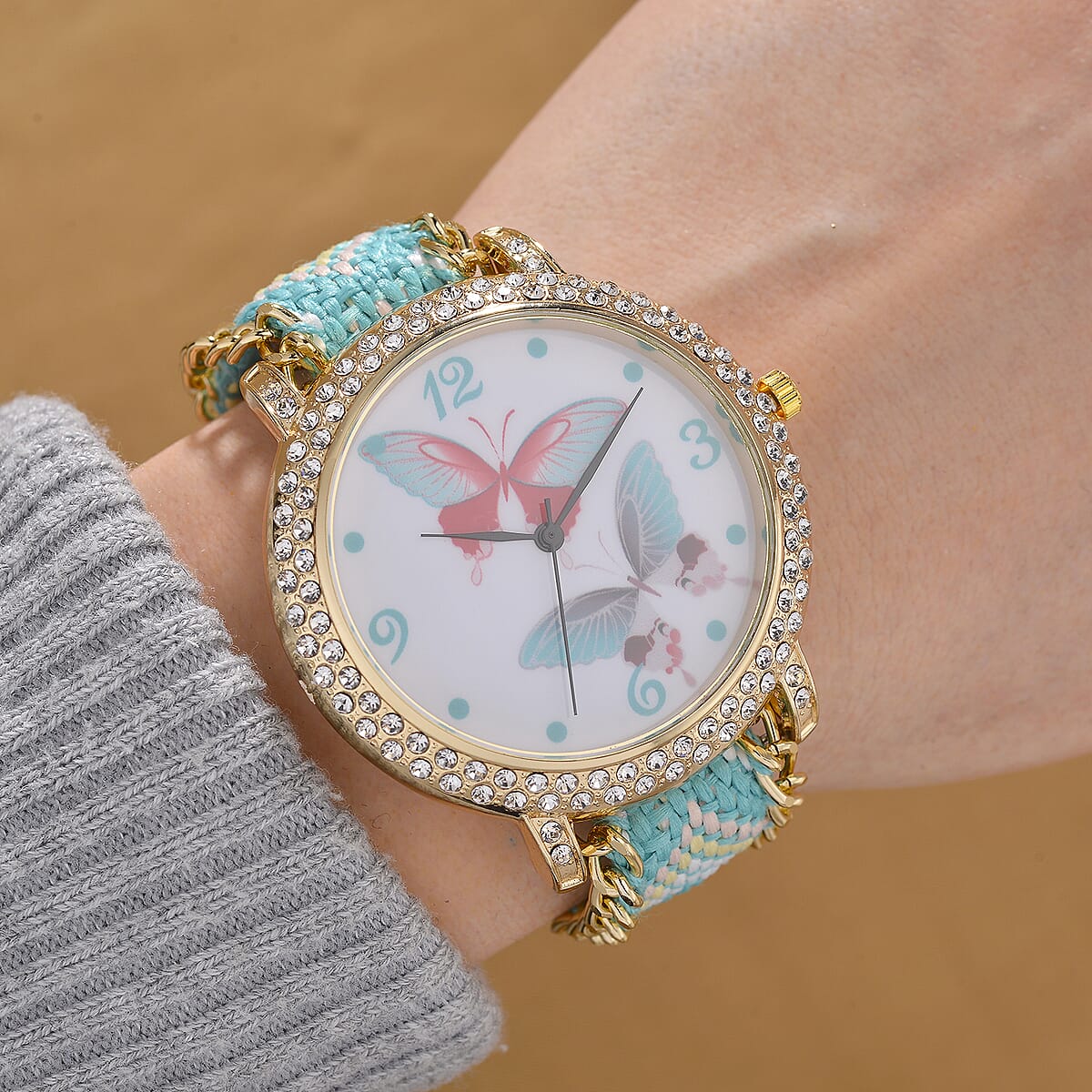 Strada Austrian Crystal Japanese Movement Butterfly Pattern Watch with Braided Band image number 1