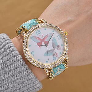 Strada Austrian Crystal Japanese Movement Butterfly Pattern Watch with Braided Band