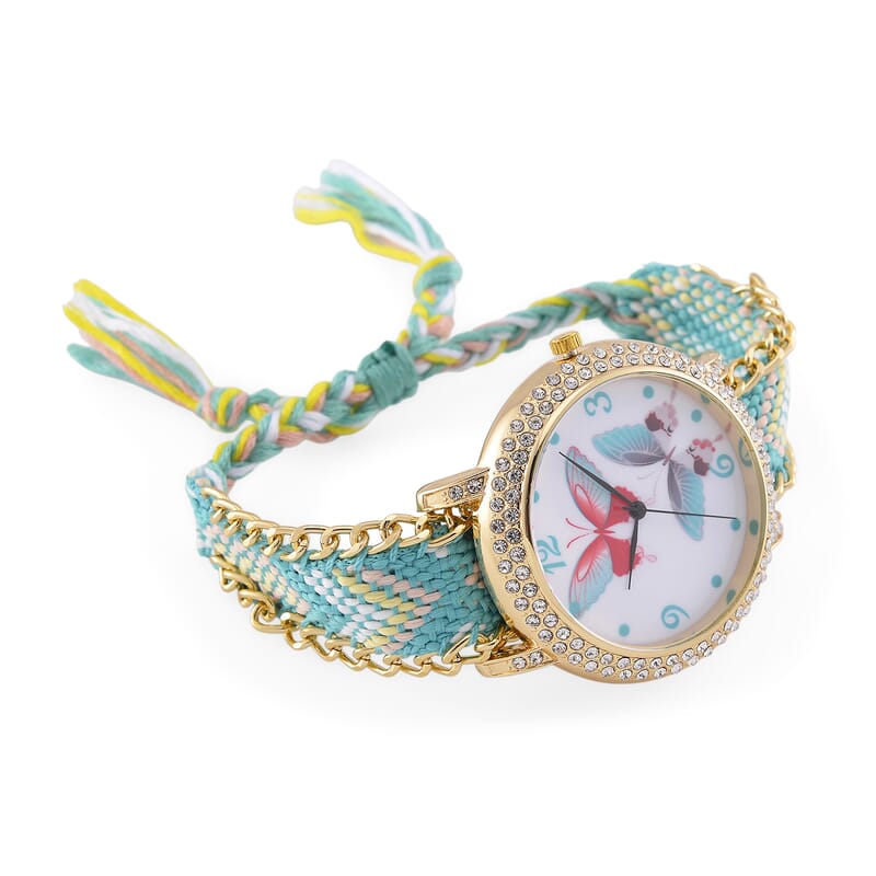Strada Austrian Crystal Japanese Movement Double Butterfly Pattern Watch with Braided Band