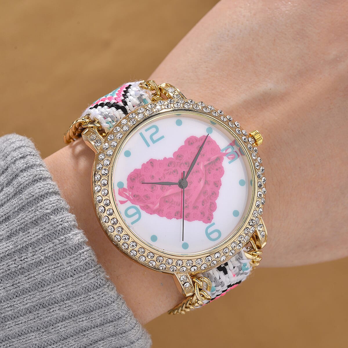 Strada Austrian Crystal Japanese Movement Heart Pattern Watch with Braided Band image number 1