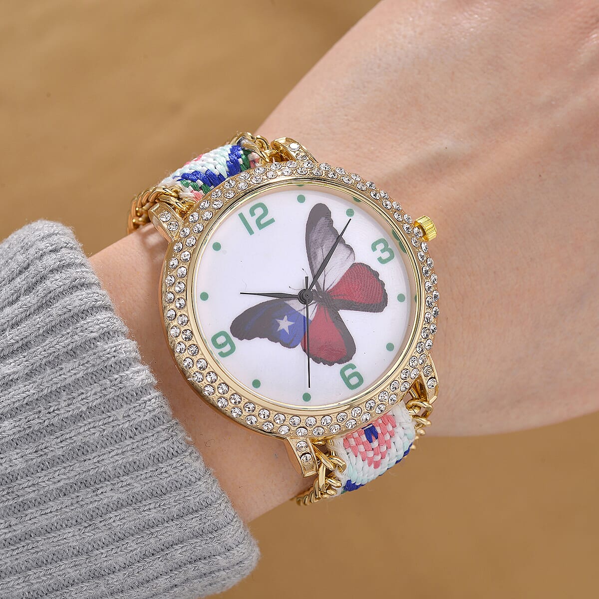 Strada Austrian Crystal Japanese Movement Butterfly Pattern Watch with Braided Band image number 1