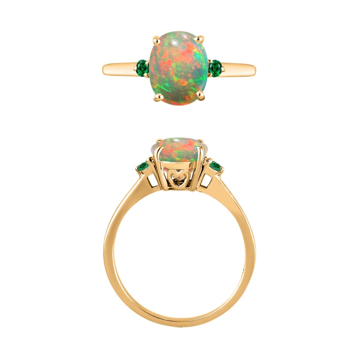Rhapsody 18K Yellow Gold AAAA Ethiopian Welo Opal and Boyaca Colombian Emerald Ring (Size 11.0) 5.50 Grams 1.30 ctw image number 3