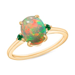 Rhapsody 18K Yellow Gold AAAA Ethiopian Welo Opal and Boyaca Colombian Emerald Ring (Size 4.0) 5.50 Grams 1.30 ctw