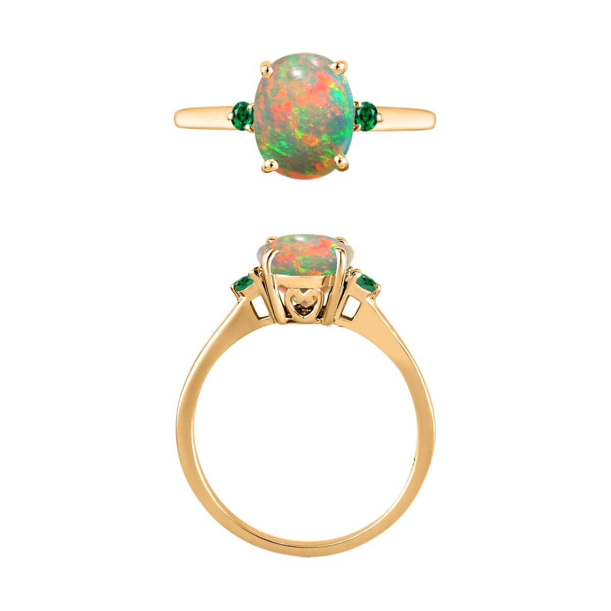 Rhapsody 18K Yellow Gold AAAA Ethiopian Welo Opal and Boyaca Colombian Emerald Ring (Size 4.0) 5.50 Grams 1.30 ctw image number 3