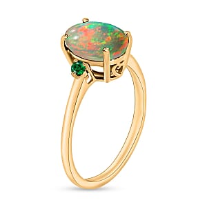 Rhapsody 18K Yellow Gold AAAA Ethiopian Welo Opal and Boyaca Colombian Emerald Ring (Size 4.5) 5.50 Grams 1.30 ctw (Del. in 10-12 Days)
