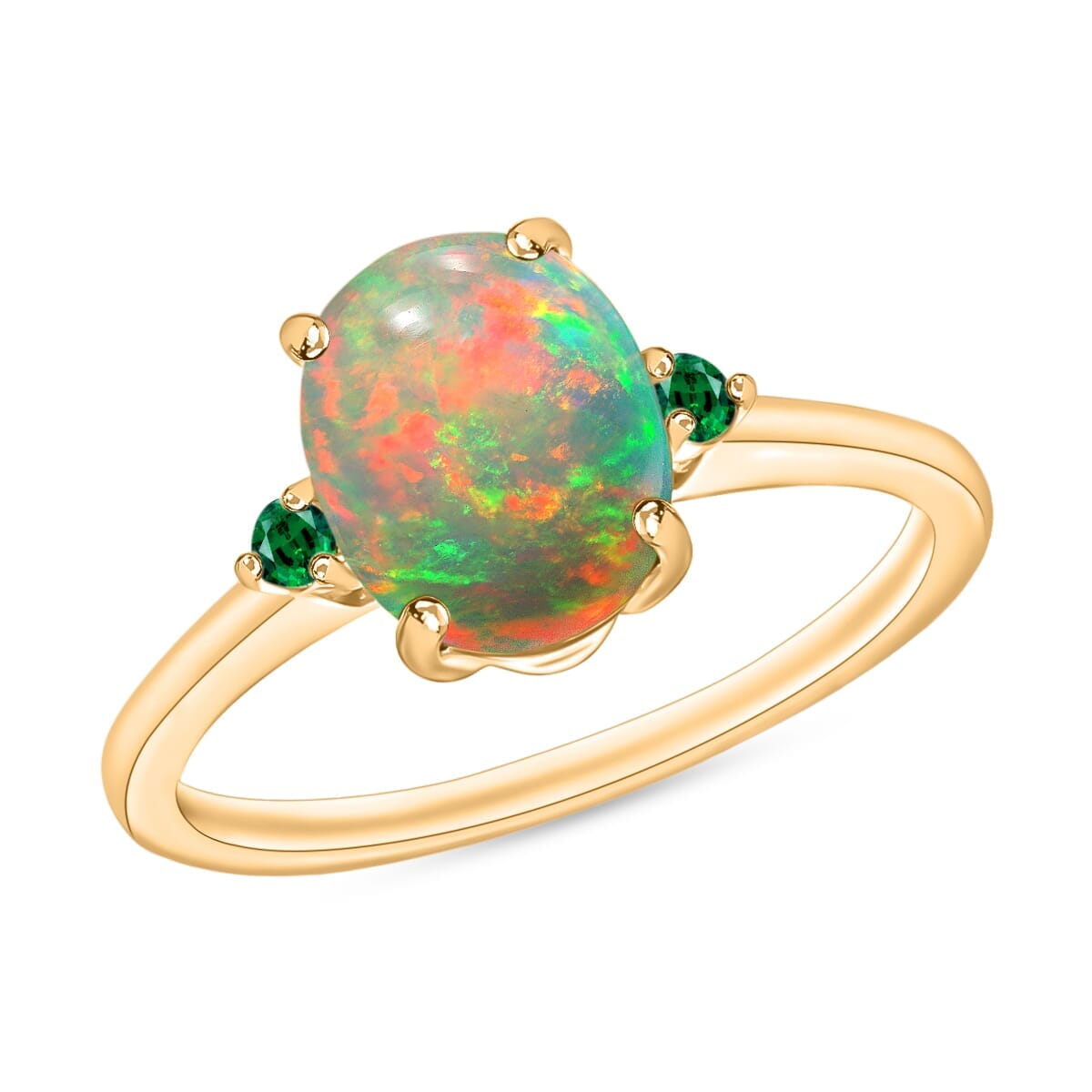 Rhapsody 18K Yellow Gold AAAA Ethiopian Welo Opal and Boyaca Colombian Emerald Ring (Size 5.0) 5.50 Grams 1.30 ctw image number 0