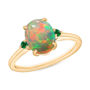 Rhapsody 18K Yellow Gold AAAA Ethiopian Welo Opal and Boyaca Colombian Emerald Ring (Size 5.0) 5.50 Grams 1.30 ctw