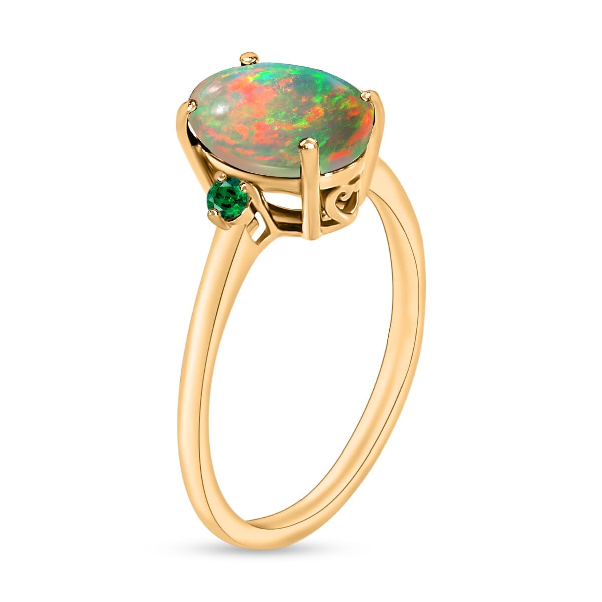 Rhapsody 18K Yellow Gold AAAA Ethiopian Welo Opal and Boyaca Colombian Emerald Ring (Size 5.0) 5.50 Grams 1.30 ctw image number 2