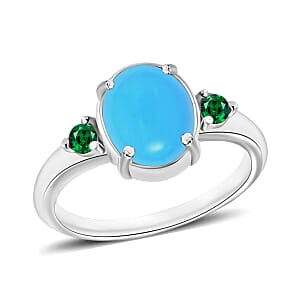 Rhapsody 18K White Gold AAAA Sleeping Beauty Turquoise and Boyaca Colombian Emerald Ring (Size 5.5) 5.50 Grams 2.50 ctw