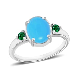 Rhapsody 18K White Gold AAAA Sleeping Beauty Turquoise and Boyaca Colombian Emerald Ring (Size 9.0) 5.50 Grams 2.50 ctw