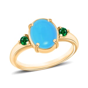 Rhapsody 18K Yellow Gold AAAA Sleeping Beauty Turquoise and Boyaca Colombian Emerald Ring (Size 5.5) 5.50 Grams 2.50 ctw