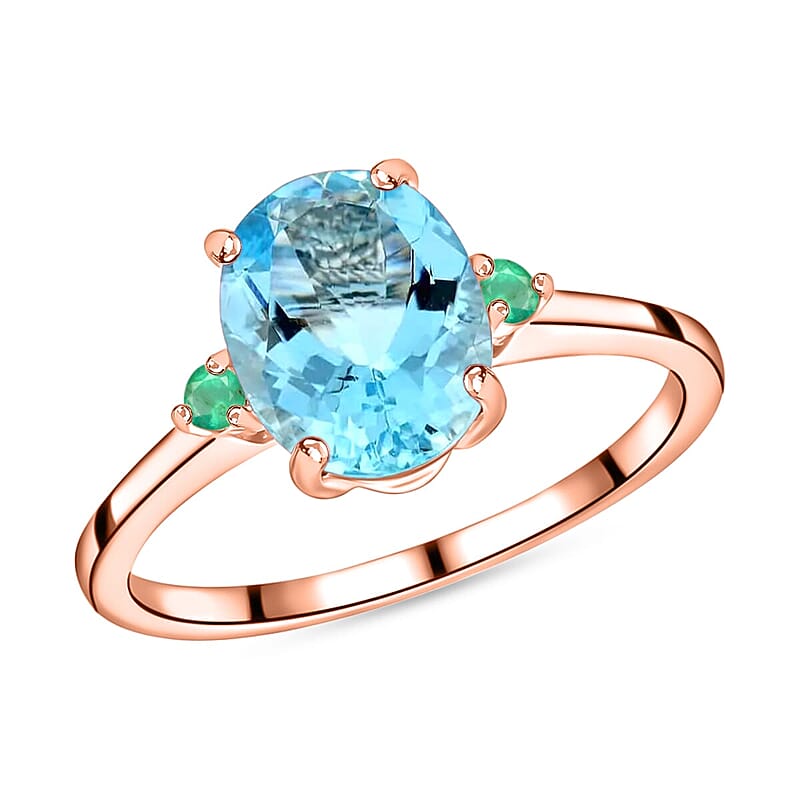 Rhapsody 18K Rose Gold AAAA Santa Maria Aquamarine and Boyaca Colombian Emerald Ring (Size 10.0) 5.5 Grams 1.90 ctw