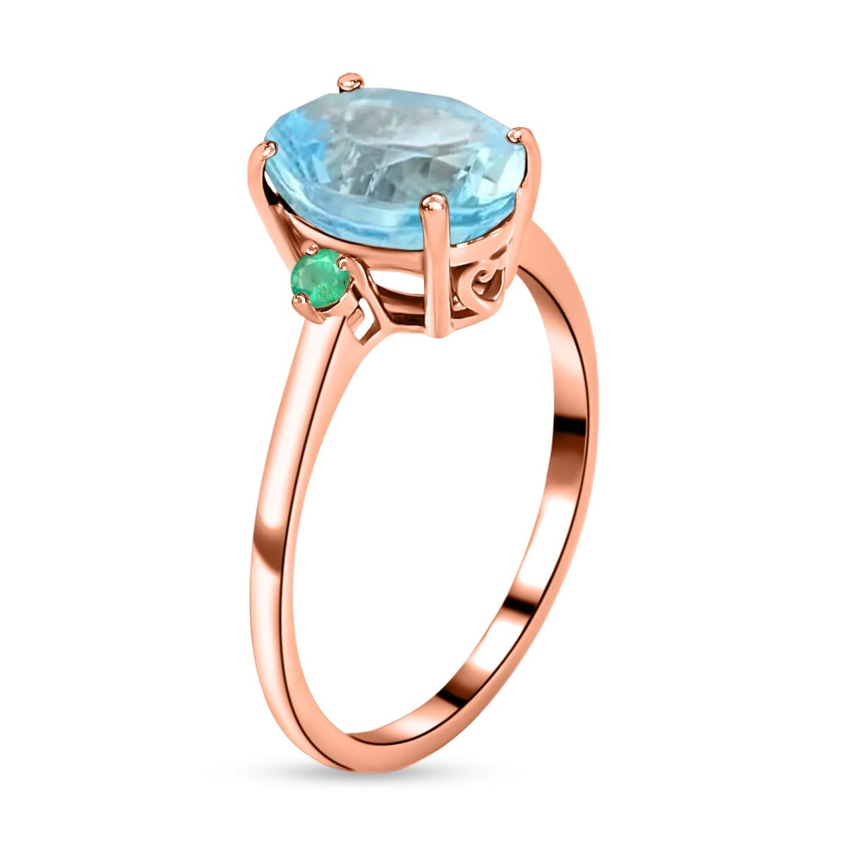 Rhapsody 18K Rose Gold AAAA Santa Maria Aquamarine and Boyaca Colombian Emerald Ring (Size 10.0) 5.50 Grams 1.90 ctw image number 2